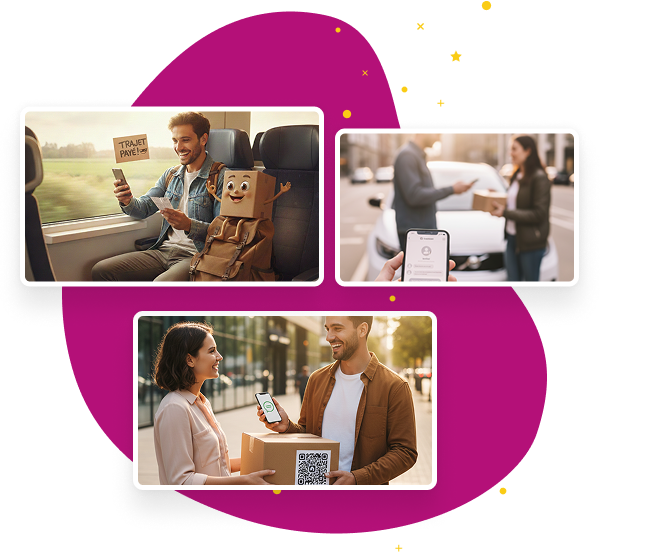 Scènes illustrant la livraison de colis entre particuliers avec Delivyou : publication d'un colis, transport lors d'un trajet existant et remise en main propre sécurisée